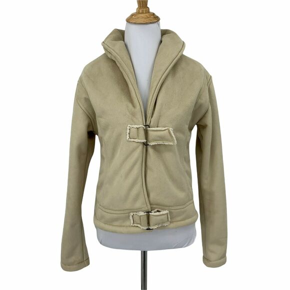 Straight Down Faux Suede Puffer Jacket Size S Beige Full Zip Thick Fleece Lining - Picture 1 of 11